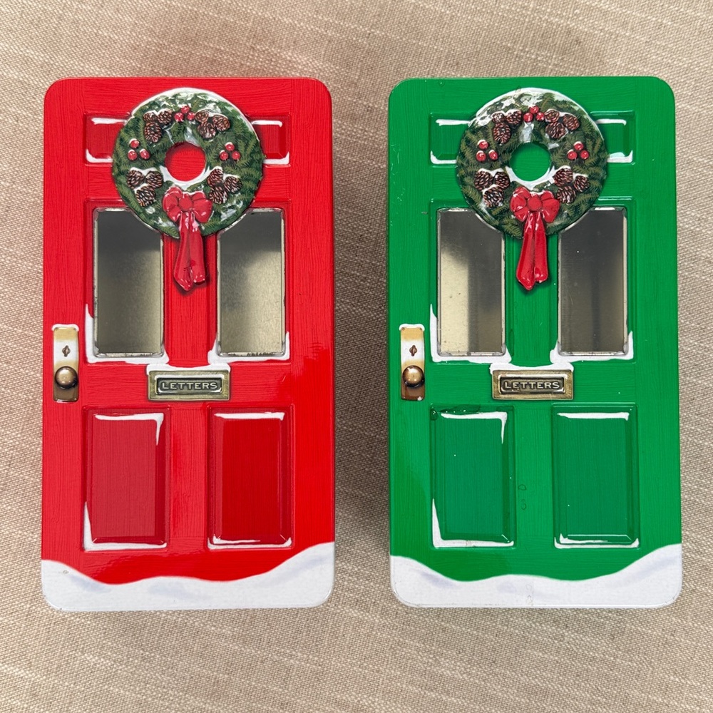 Vintage Christmas Decorated Front Door Tin Box Set of 2